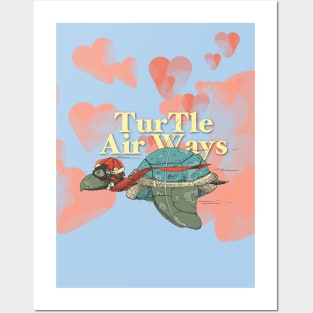 The flying turtle in the sky with heart clouds Posters and Art